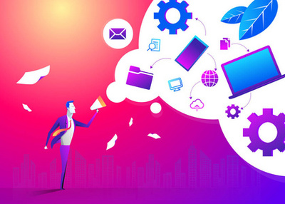 手持擴音器的人手。社交媒體營銷。平面設計中的矢量圖解。唱歌的注意